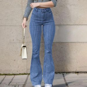 Jeans femminile da donna vintage ad alta vita a strisce a strisce per bagliore autunno gamba larga e figura a lusingare pantaloni lunghi