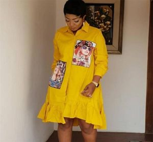 Spring Autumn Fashion Yellow Print Pleated Dress Casual Cute Women Beading Shirt Dresses Long Sleeve Plus Size Vestidos MX2005086224919