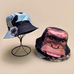 Berets Double Sided Wearable Funny Animal Print Cute Bucket Hats Unisex Sunshade Hip Hop Fashion Outdoor Versatile Fisherman