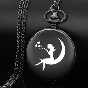 Pocket Watches the Girl in Moon Design Rainving English Alphabet Face Oglądaj łańcuch czarny kwarc doskonały prezent