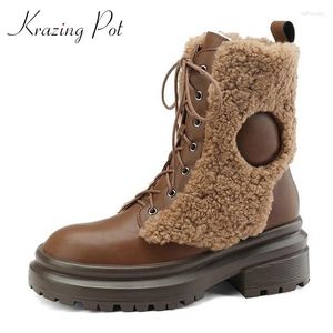 Stövlar Krazing Pot Wool Cow Leather Round Toe Tjock High Heels Flat med Snow Keep Warm Waterproof Brand Kpop Style Ankel