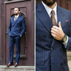 Men's Suits Formal Navy Blue Striped Suit Tuxedos Double Breasted Slim Fit Prom Party Wedding Bridegroom 2pcs Jacket And Pants