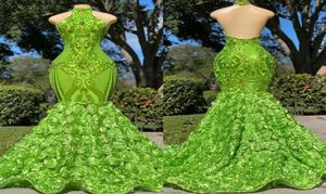 Olive Green Mermaid Prom Dresses Sexig backless spetsapplikationer Blommor Halter Neck 2K23 Black Girls Evening Party Gowns Arabic Vest5764975