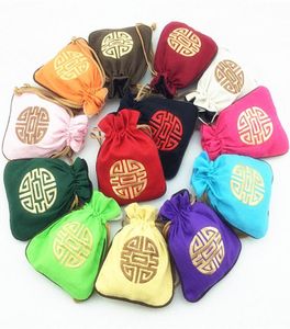 Broderad lycklig bomullslinne små smycken påsar förvaring kinesisk stil dragskon godis te presentförpackning väskor 11x 14 cm 100pc5762548