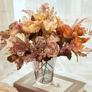 Kwiaty dekoracyjne jesienne sztuczna piwiowo panna młoda jedwabna róża bukiet DIY Wedding Home Dekoracja Akcesoria Fall Hortensea Fake Flower