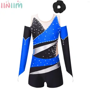 Clothing Sets Girls Long Sleeve Ballet Dance Leotard Figure Skating Gymnastics Costume Shiny Rhinestone Mesh Bodysuit With Shorts Hair Band