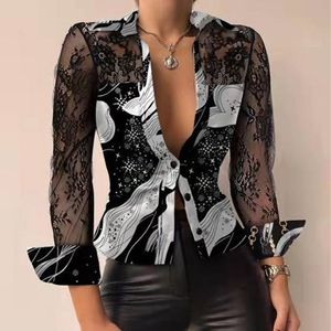 Kvinnors blusar skjortor Office Lady Turn-Down Collar Flower Tops Black White Long Sleeve 2022 Summer Fashion African for Women 263C