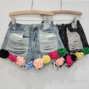 Kvinnors shorts Flower Ripped Girl Denim Niche Design All-Matching Wide Leg A-Line Sexig Frayed Ultra Short Pants