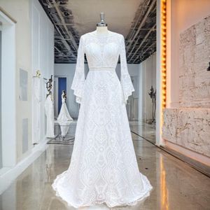 Hire Lnyer O-Neck Backless See Through Waist Long Sleeve Lace Wedding Dresses Real Office Photos Video Vestidos De Novia