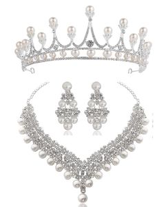 White Crystal Pearl Crown Earrings Necklace Jewelry Sets Bridal Wedding Jewelry Elegant Fashion Cubic Zirconia diamond jewelry1814595