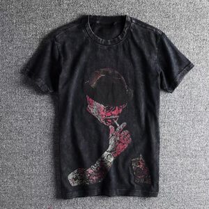 男性用のトップロックウォーターコラーTシャツ黒い洗浄された男TシャツY2KシックトレンディオールSヒップホップ韓国衣類衣類クール240423