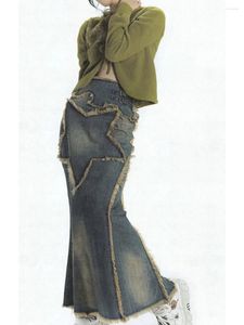 スカート女性カジュアルハイウエストデニムマキシヴィンテージヘムスプリットアインラインロングジャンとポケット付き