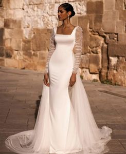Classy Long Sleeve Crepe Wedding Dresses Mermaid Ivory Tulle Zipper Back Vestido De Noiva Sweep Train Bridal Gowns for Women
