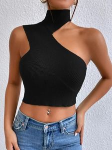 Women's Tanks Women Sexy Shoulder Off Asymmetrical Turtleneck Neck Knit Crop Top Femme Cut Out Backless Rib-Knit Stretch Sleeveless Sweater