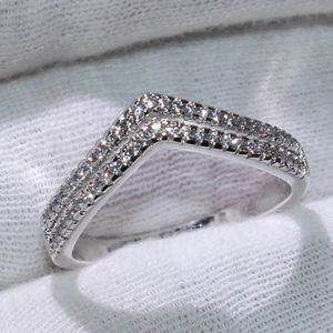 Double V Style Cute Luxury Jewelry 925 Sterling Silver Pave White Sapphire CZ Diamond Party New Female Wedding Band Ring For Lovers' Gift 232P