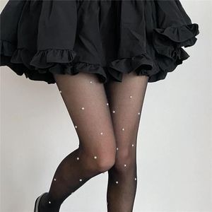 Mulheres meias sexy com calças -calças de pérolas de meia -calça jk meninas doces coxa meias longas lolita kawaii fofo preto branco