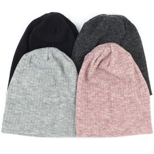 Frauen einfache Baumwolle gerippte Mützen Hut Herbst Winter wärmer gestrickte Hüte Damen dehnen schlampig gestreifte Baggy -Schädel Mütze