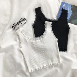 Kvinnors tankar snörning av tankar för kvinnor Basic Black Sexig Skinny Vest Crop Tops Summer White Square Neck Female Y2K Streetwear