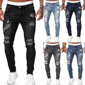 Jeans masculinos novas roupas de rua de moda rasgar jeans apertados massage lavagem de lavander