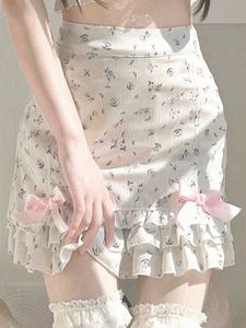 Spódnice kobiety letnia spódnica z satynowym łukiem kwiatowy druk w talii marszczony mini a-line szyfonowa spódnica