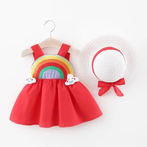 Dresses Children's New Girls' Strap Back Elastic Waist Dress Children's Rainbow Cloud Solid Princess Dress Baby and Child Cute Summer Dr