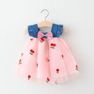 Sukienki Girls 'Summer New Little Lating Rleeve Dress Dziecięce łuk wiśnia haft haftowy panel dżins