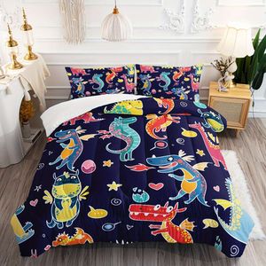 Capa de edredte 3pc desenho animado Kawaii Dinosaur Redding Set Love Heart Star Decoration durante toda a temporada inclui 1 edredom, 2 travesseiros para meninas adolescentes (sem travesseiro)