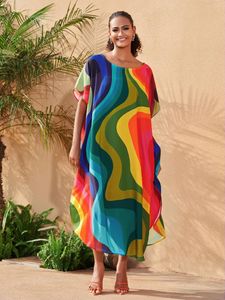 Bohemian Rainbow Print Swimsuit Cover Up Bat Sleeve Kaftan Elegant Side Slit Beach Dress Turkish Robe Beachwear Cover-Ups Q1563
