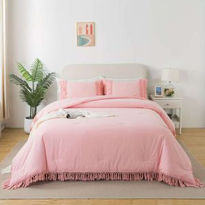 Podwójna okładka 3PCS 100% umyty bawełniany różowy frędzla elegancka puszysty boho puszysty gęste zestawy do łóżka, domowy zestaw pościel