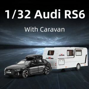 Auto 1/32 audi rs6 con auto tourning camper per roulotte in lega in lega in lega in metallo Modello di raccolta del suono della raccolta di luci per ragazzo