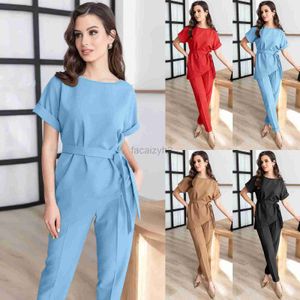 Kvinnors jumpsuits Rompers Designer Pants Women's Round Neck Slanted Edge Suit Belt Top Set Small Ben Pants Fashion Casual Long Pants Set