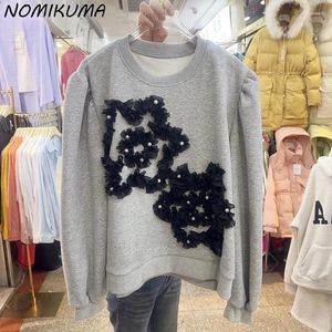 Bluzy damskie nomikuma korea 2024 zima moda paznokci kortak koronkowy bluza z polarem kwiatów dla kobiet pullover top jumper żeńska