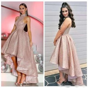 Paljetter 2019 Sparkly Rose Gold Prom -klänningar Låga höghals ärmlösa veckar plus storlek skräddarsydd formella kvällskläder festklänningar