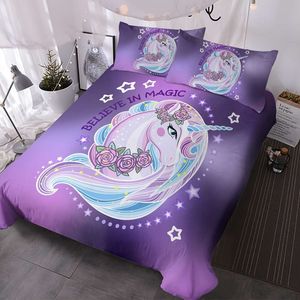 Bettbedeckungsbettwäsche lila Bett Set 3 -teilige weiche Bettdecke Deckungsabdeckung Cartoon Einhornbetten