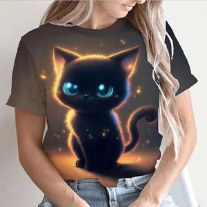 Koszulka damska modna 3D Cat Print Womens Summal O Neck z krótkim rękawem Najwyraźniejszy Women Damska T-shirt damska odzież 2405