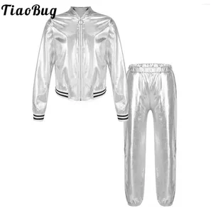 Set di abbigliamento per bambini ragazze jazz hip-hop danza costume sport sport danza per esibizioni di performance shiny bomber metallico bomber con pantaloni