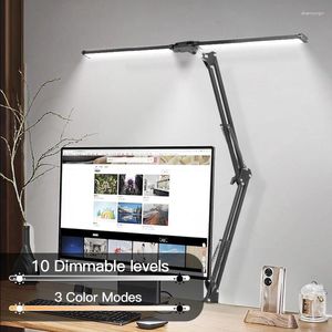 Bordslampor Fällbar dubbelhuvud LED-skrivbord Stepless Dimble Eye Caring 24W Lamp Monitor Light for Office Study Reading Lighting