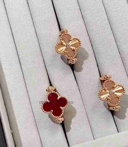 Designer Luxury Jewelry Ring Vancllf High Version Ny Four Leaf Clover Double-Sided Double Flower Red Agate Laser Ring for Women 18k Rose Gold Rotatable