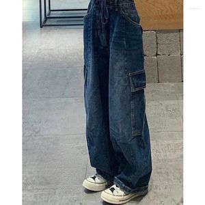 Kvinnors jeans mörkblå vintage last 2024 våren y2k streetwear lös hög midja rak bred ben