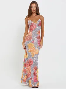 Casual Dresses Mozision Elegant Print Backless Sexig Long Dress for Women Summer Spaghetti Strap ärmlös tryckt maxi -mode