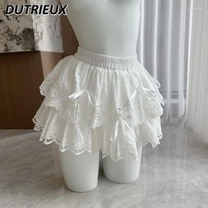 Kjolar sommar söt söt tjej spets elastisk midja kort kjol båge vit all-match cake prinsessan kawaii mini för kvinnor