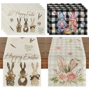 Easter Bunny Table Runner Linen Gnome Eggs Rabbit Dining Cloth Placemat Decoration For Home Kitchen 2024 Spring 240430