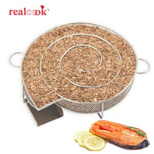 Tools Realcook 8.07 inch Round Smoke Generator BBQ Wood Chips Cold Smoker Smoking Basket For Salmon Fish Meat Barbecue Grill Cooking