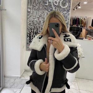 Women's scarf warm PU leather lapel logo letters imitation fur padded coat SMLXL