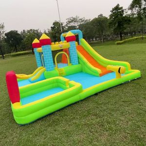 Su Kaydırması ile Şişirilebilir Bouncy House Backyard Fun için Bounce House Hoop Sports Water Park Fun Fun Slide At Jump Alan Basketbol Çember Çocuk Doğum Günü Partisi