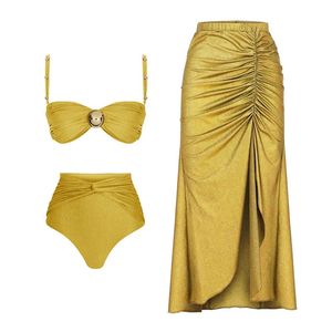 Solid Yellow High midja Bikini Set Cover Up Swimsuit For Women Push Up Halter Three Pieces Swimwear Beach Bathing Suits 240426