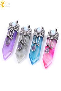 CSJA Big Natural Gem Stone Swords Pendants Hexagonal Makulums Labradorite Rose Quartz Lapis Lazuli Black Obsidian Tiger Eye Jewelr1057928