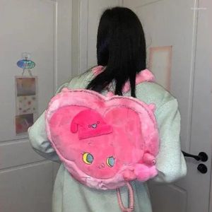 Storage Bags Y2K Pink Heart-shaped Plush Backpack Crossbody Bag Cute Girls Cartoon Love Schoolbag For Birthday Gifts