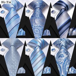 Bow Binds Hi-Tie Hellblau gestreifte Business Herren 8,5 cm Jacquard Krawatte Accessorie Daily Wear Cravat Hochzeitsfeier Hanky ​​Cufflink Set