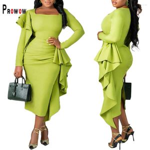 Casual Dresses Prowow Elegant Women Maxi Dress Green Color Square Collar Evening Birthday Party Wear 2024 Ruffle Long Sleeve Female Clothes